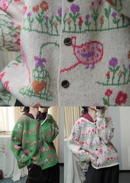 Apricot Print Knit Loose Cardigans O Neck Button Spring Ti004