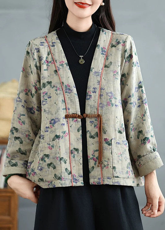 Apricot Print Pockets Cotton Fall Coats V Neck Qg041