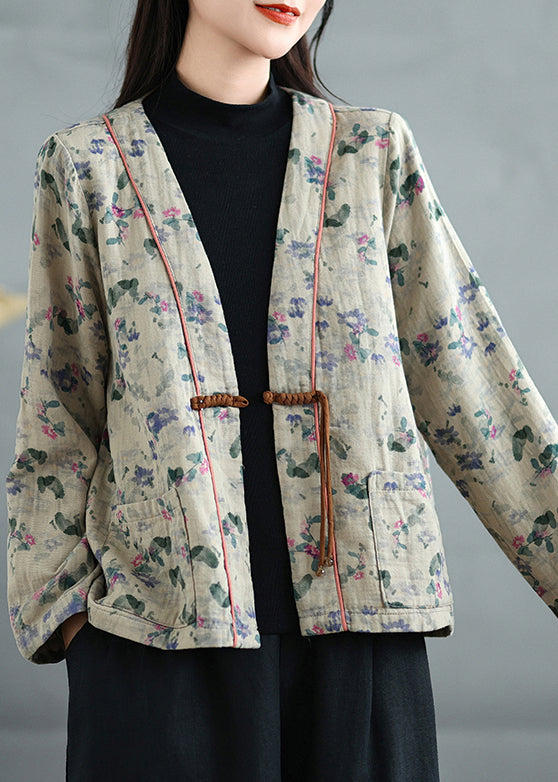 Apricot Print Pockets Cotton Fall Coats V Neck Qg041
