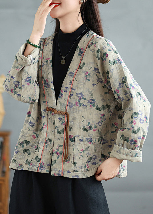 Apricot Print Pockets Cotton Fall Coats V Neck Qg041