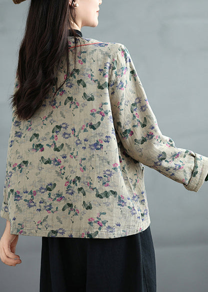 Apricot Print Pockets Cotton Fall Coats V Neck Qg041