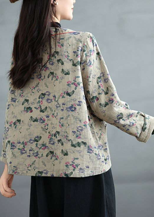 Apricot Print Pockets Cotton Fall Coats V Neck Qg041