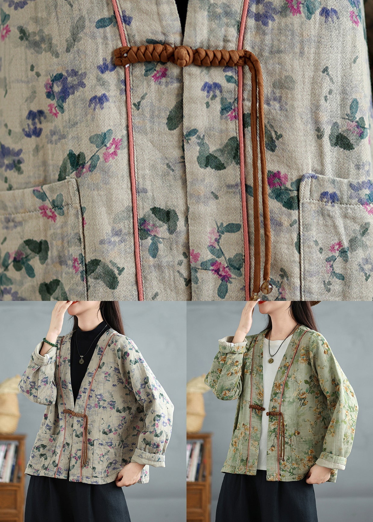 Loose Green Chinese Button Print Cotton Coat Fall Qg035