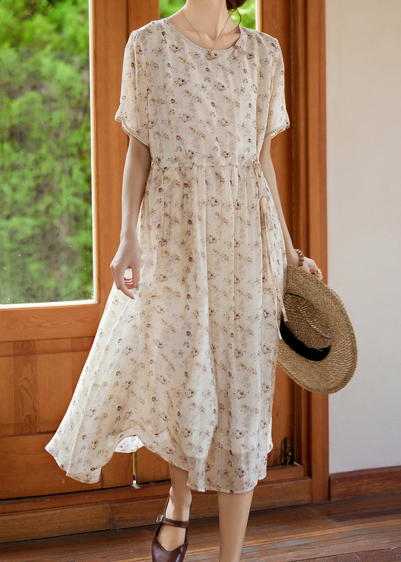 Apricot Tie Waist Silk Vacation Maxi Dresses Short Sleeve Ww053