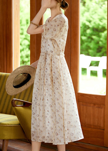 Apricot Tie Waist Silk Vacation Maxi Dresses Short Sleeve Ww053