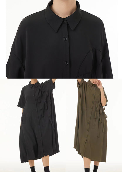 Unique Black Peter Pan Collar Patchwork Button Cotton Long Dress Summer Ts1038