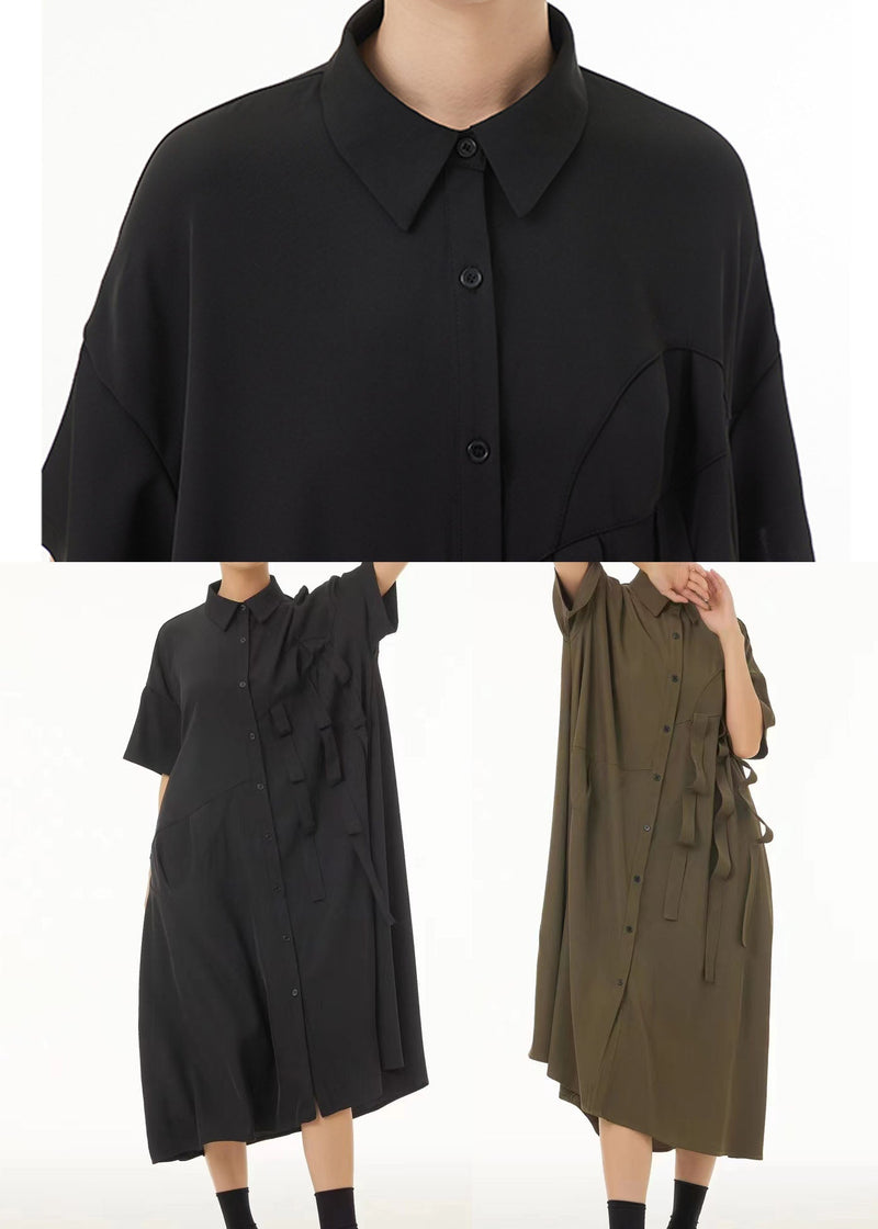 Unique Black Peter Pan Collar Patchwork Button Cotton Long Dress Summer Ts1038