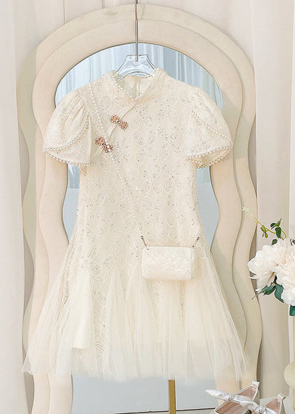 Art Beige Nail Bead Tulle Patchwork Kids Long Dress Short Sleeve Mn012