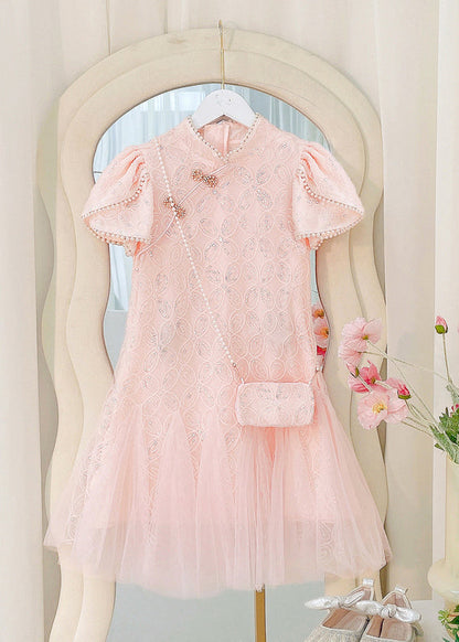 Art Beige Nail Bead Tulle Patchwork Kids Long Dress Short Sleeve Mn012