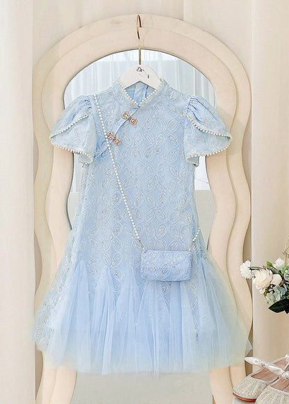 Art Beige Nail Bead Tulle Patchwork Kids Long Dress Short Sleeve Mn012