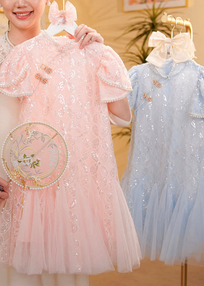Art Beige Nail Bead Tulle Patchwork Kids Long Dress Short Sleeve Mn012