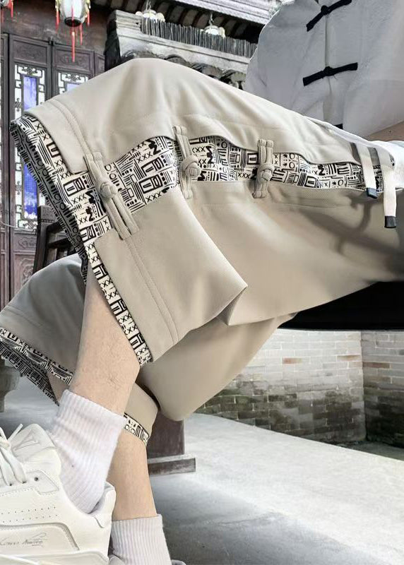 Patchwork Pants Cotton Crop Summer Beige Print Button Art