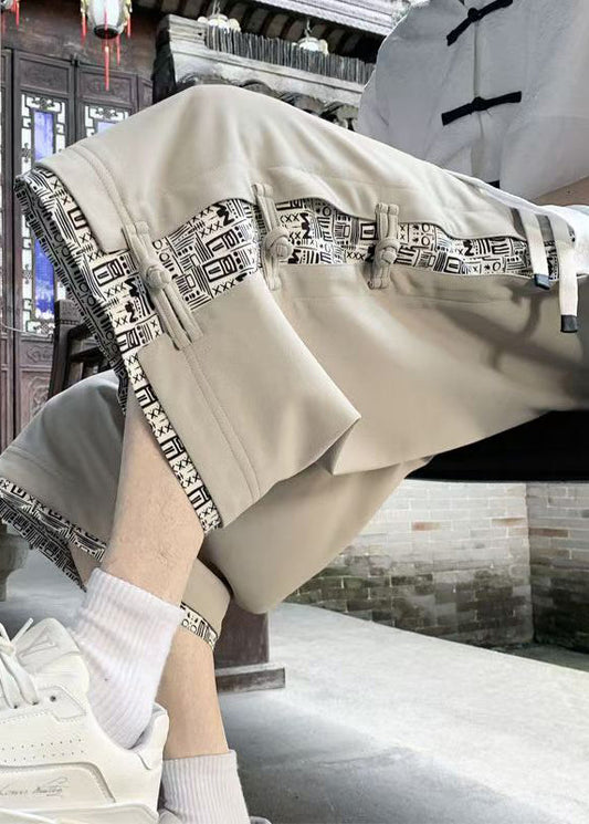 Patchwork Pants Cotton Crop Summer Beige Print Button Art
