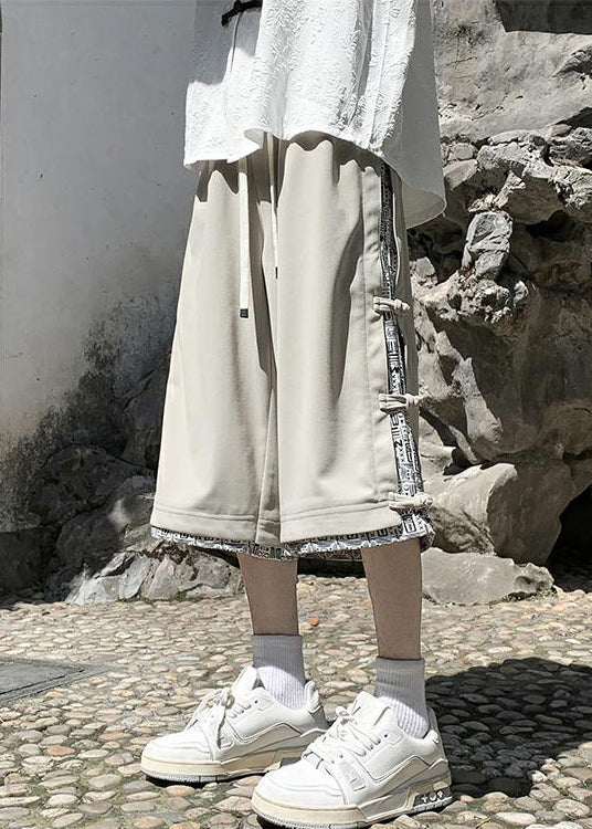 Patchwork Pants Cotton Crop Summer Beige Print Button Art