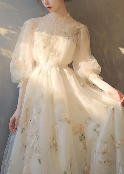 Art Beige Print Lace Up Tulle Maxi Dress Puff Sleeve Kj014