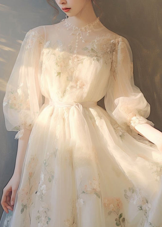 Art Beige Print Lace Up Tulle Maxi Dress Puff Sleeve Kj014