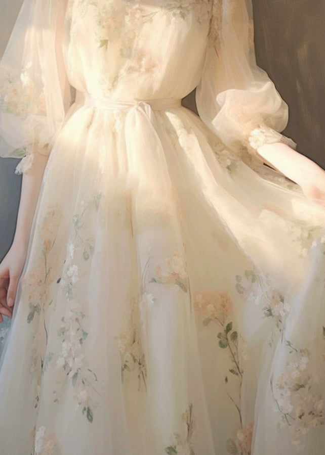 Art Beige Print Lace Up Tulle Maxi Dress Puff Sleeve Kj014