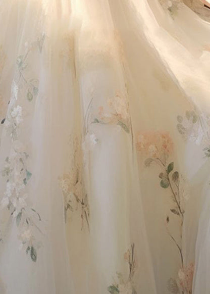 Art Beige Print Lace Up Tulle Maxi Dress Puff Sleeve Kj014