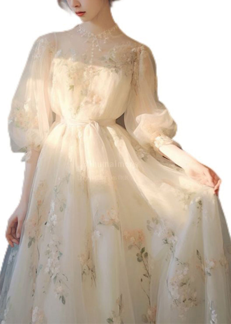 Art Beige Print Lace Up Tulle Maxi Dress Puff Sleeve Kj014