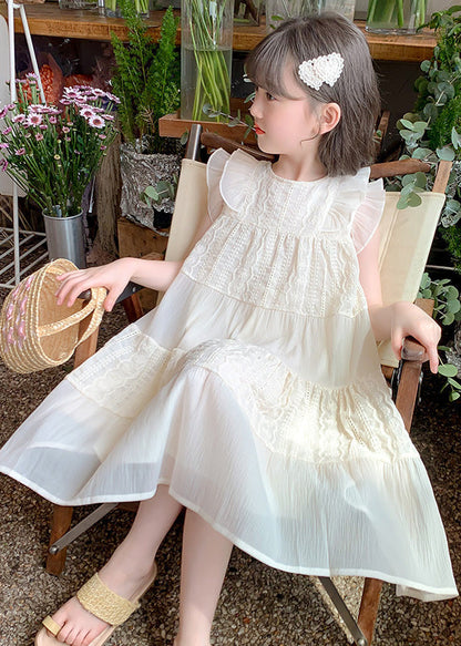 Art Beige Ruffled Hollow Out Cotton Long Dress Summer Ew050