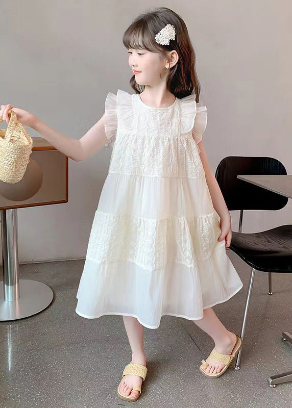Art Beige Ruffled Hollow Out Cotton Long Dress Summer Ew050