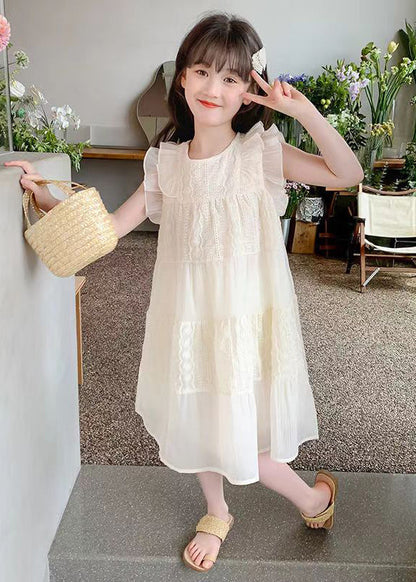 Art Beige Ruffled Hollow Out Cotton Long Dress Summer Ew050