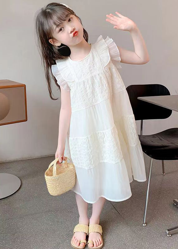 Art Beige Ruffled Hollow Out Cotton Long Dress Summer Ew050
