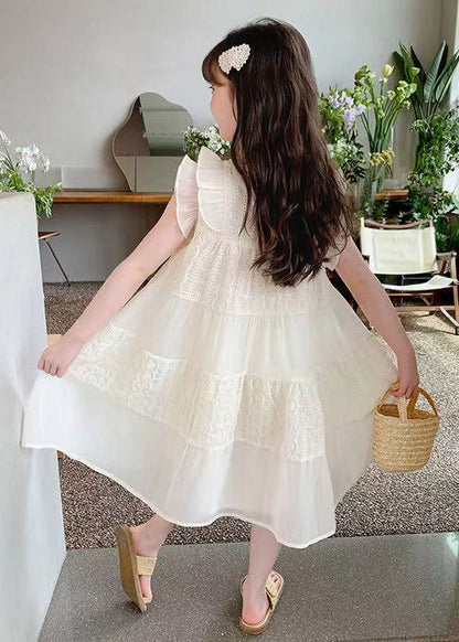 Art Beige Ruffled Hollow Out Cotton Long Dress Summer Ew050
