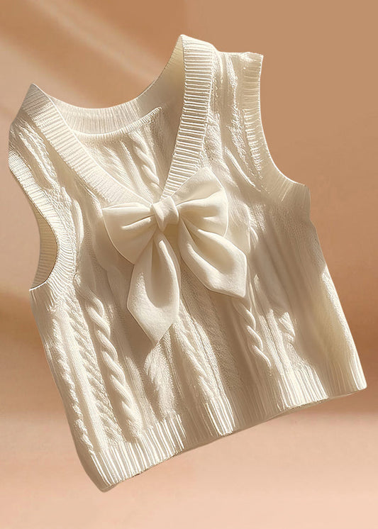 Art Beige V Neck Bow Cozy Knit Waistcoat Sleeveless Qi010