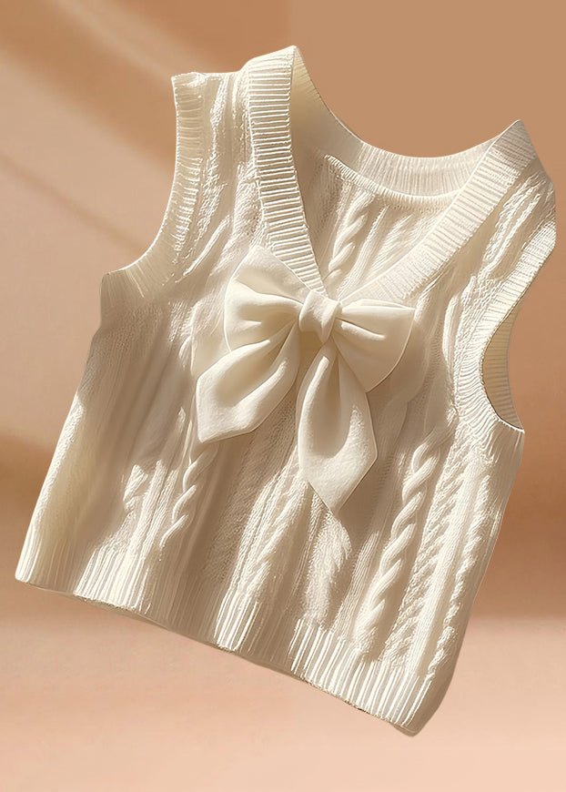 Art Beige V Neck Bow Cozy Knit Waistcoat Sleeveless Qi010