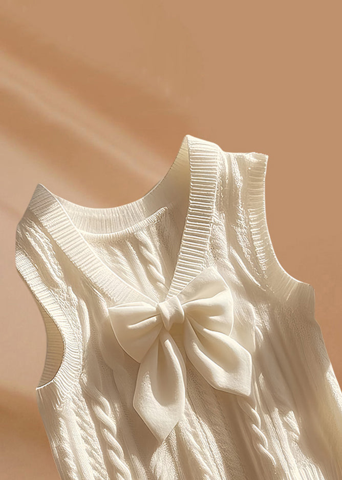 Art Beige V Neck Bow Cozy Knit Waistcoat Sleeveless Qi010