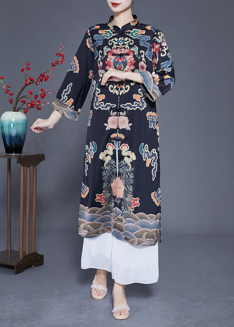 Art Black Mandarin Collar Chinese Button Print Silk Trench Coats Spring Ly1773