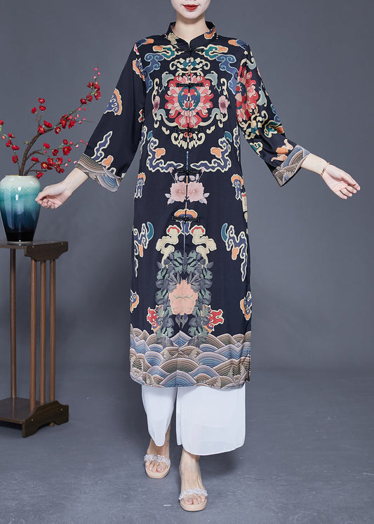 Art Black Mandarin Collar Chinese Button Print Silk Trench Coats Spring Ly1773