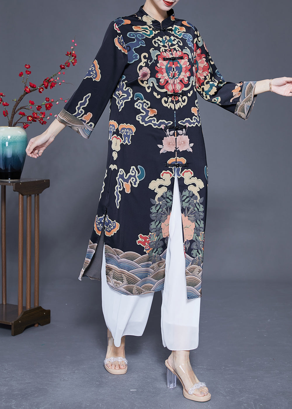 Art Black Mandarin Collar Chinese Button Print Silk Trench Coats Spring Ly1773