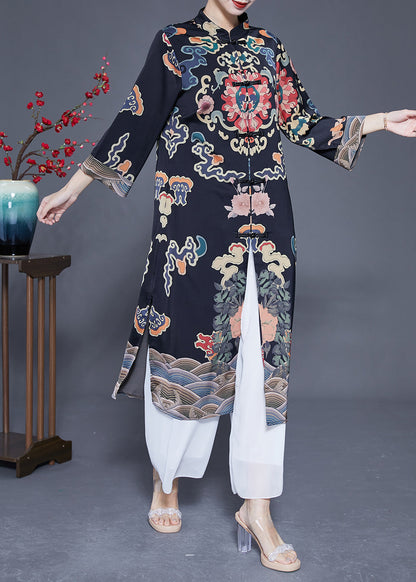 Art Black Mandarin Collar Chinese Button Print Silk Trench Coats Spring Ly1773