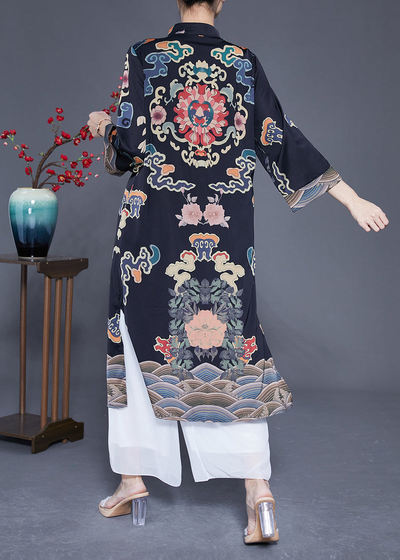 Art Black Mandarin Collar Chinese Button Print Silk Trench Coats Spring Ly1773