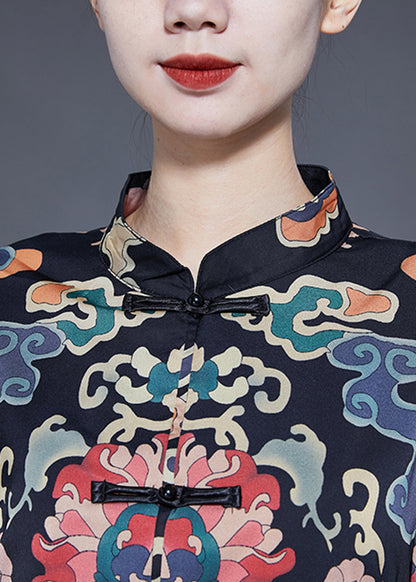 Art Black Mandarin Collar Chinese Button Print Silk Trench Coats Spring Ly1773