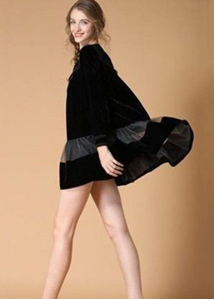 Art Black O Neck Embroideried Patchwork Velour Dresses Spring Ly0029