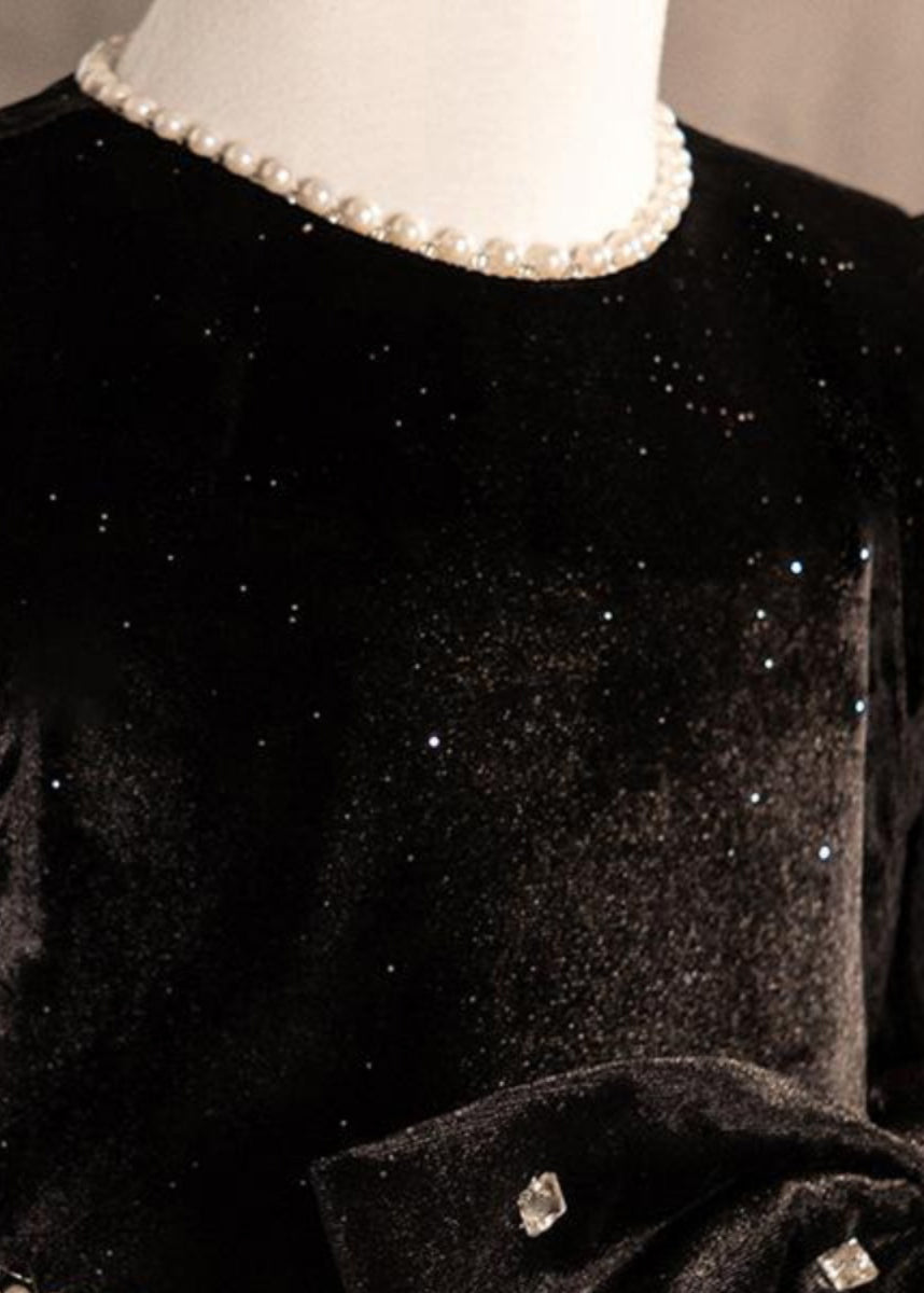 Art Black Patchwork Bow Silk Velour Long Dress Winter Rp047