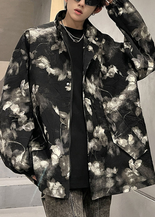 Art Black Print Zippered Pockets Coat Fall Ro026