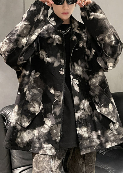 Art Black Print Zippered Pockets Coat Fall Ro026