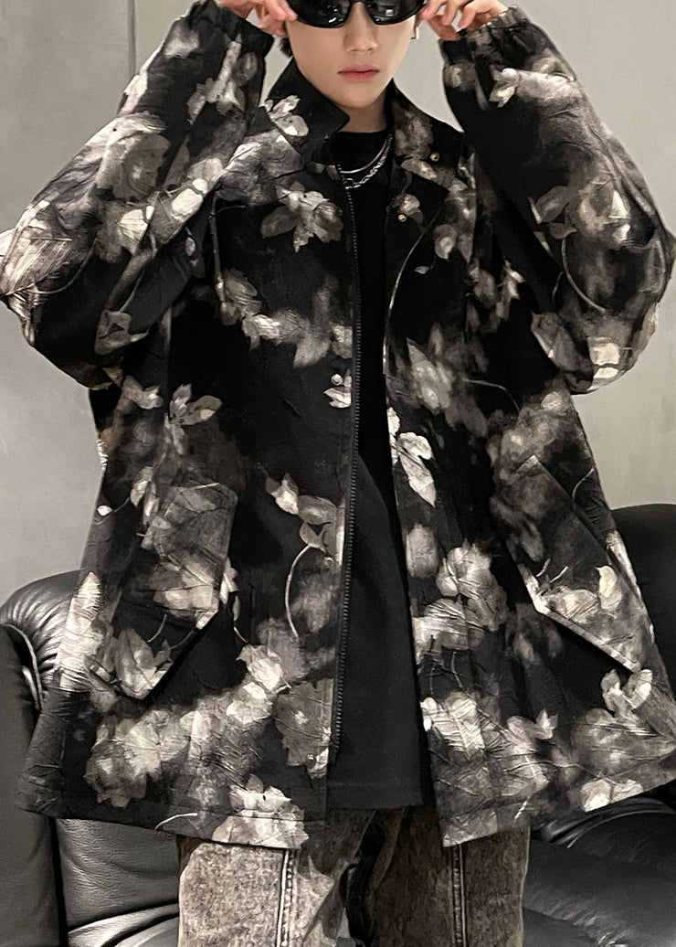 Art Black Print Zippered Pockets Coat Fall Ro026