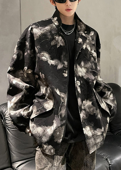 Art Black Print Zippered Pockets Coat Fall Ro026
