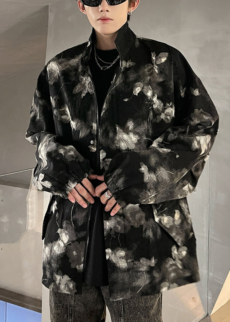 Art Black Print Zippered Pockets Coat Fall Ro026