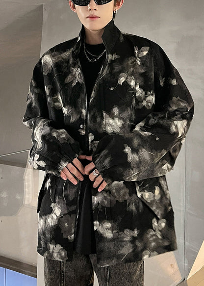 Art Black Print Zippered Pockets Coat Fall Ro026