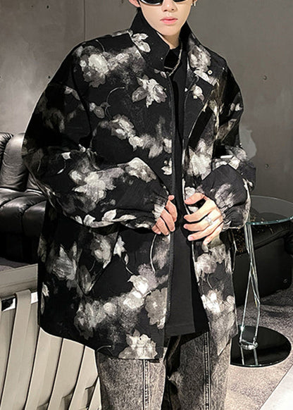 Art Black Print Zippered Pockets Coat Fall Ro026