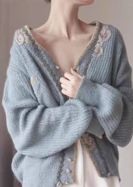 Art Blue Embroidered Button Knit Cardigans Spring Ty025