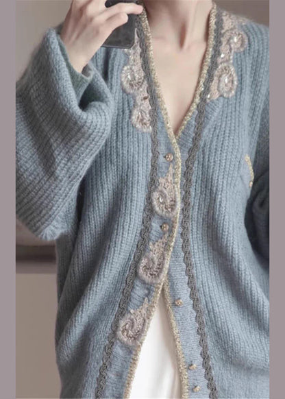 Art Blue Embroidered Button Knit Cardigans Spring Ty025