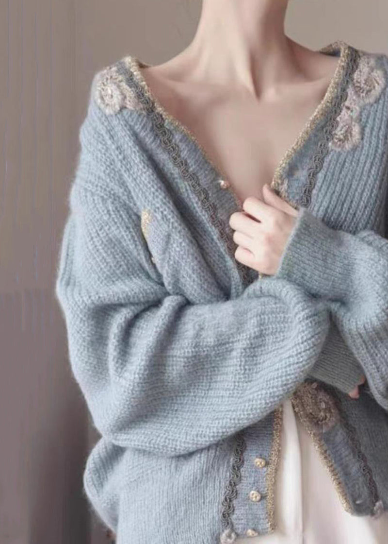 Art Blue Embroidered Button Knit Cardigans Spring Ty025