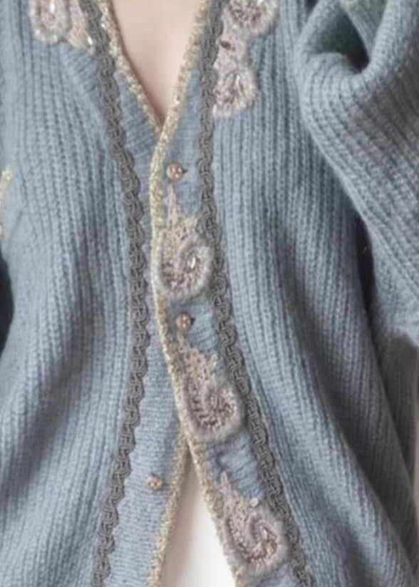 Art Blue Embroidered Button Knit Cardigans Spring Ty025